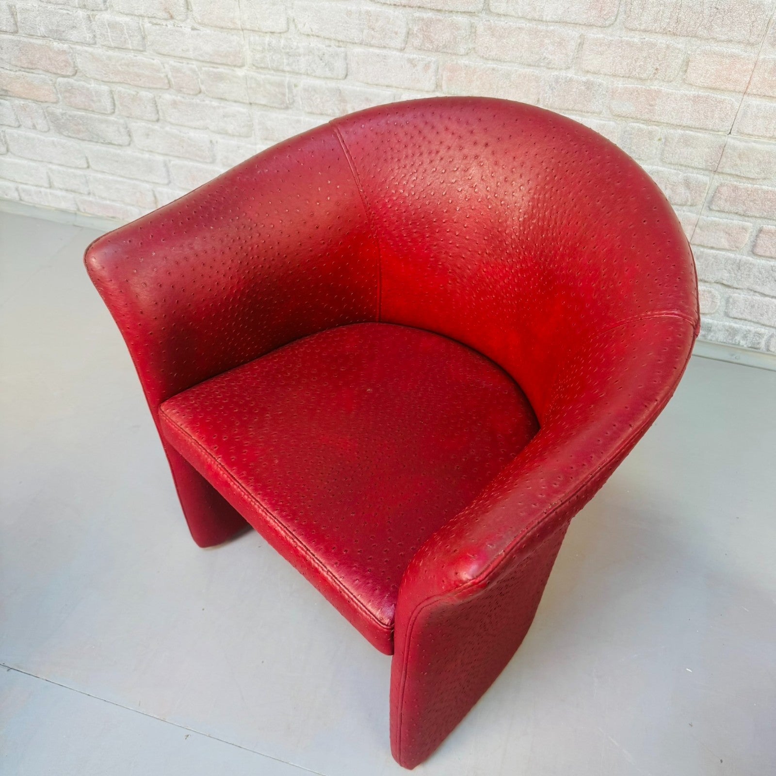 Set of Vintage Italian Red Faux Ostrich Leather Tub Chairs