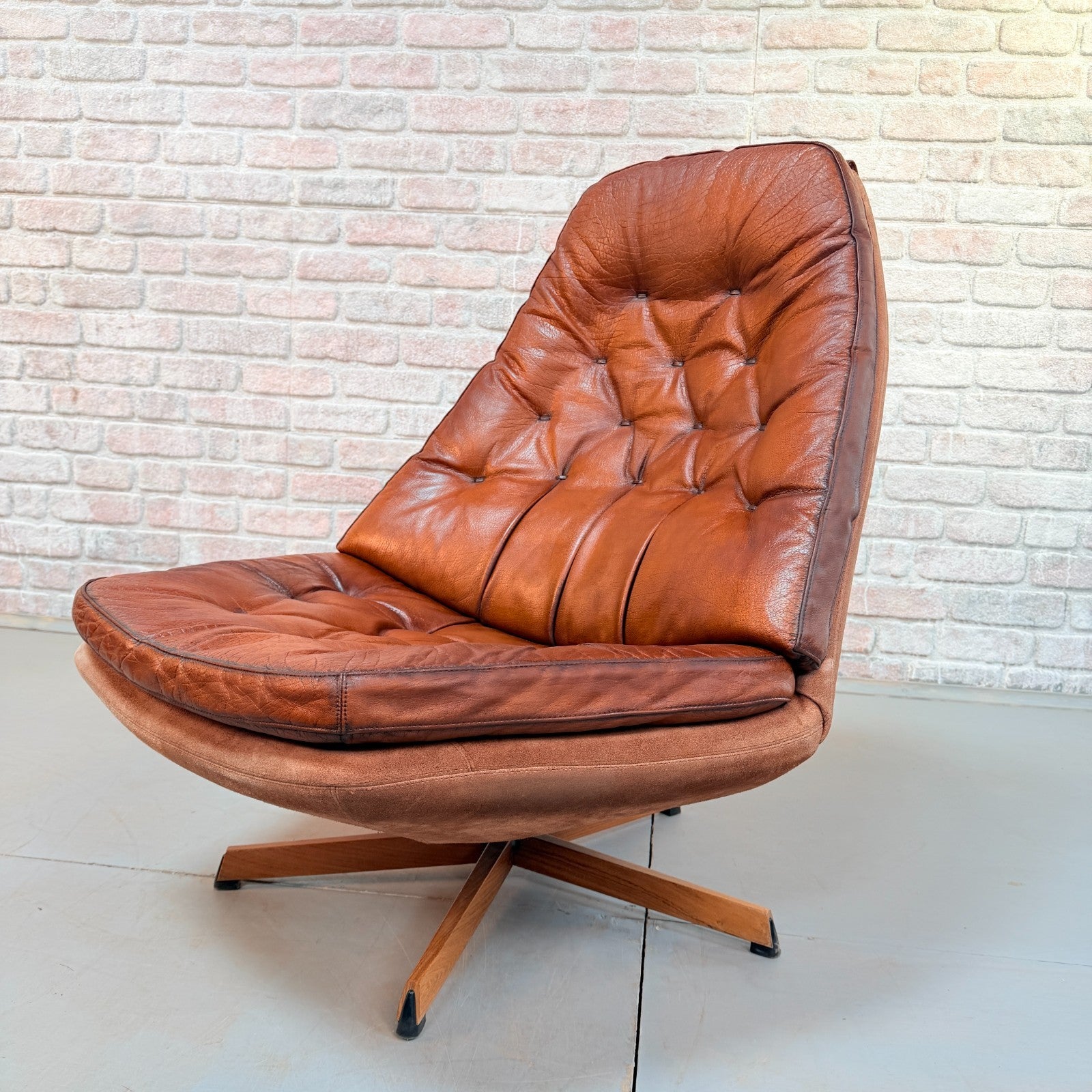 1960s Pair of Madsen & Schubell MS68 Cognac Leather Lounge Chairs & Footstools