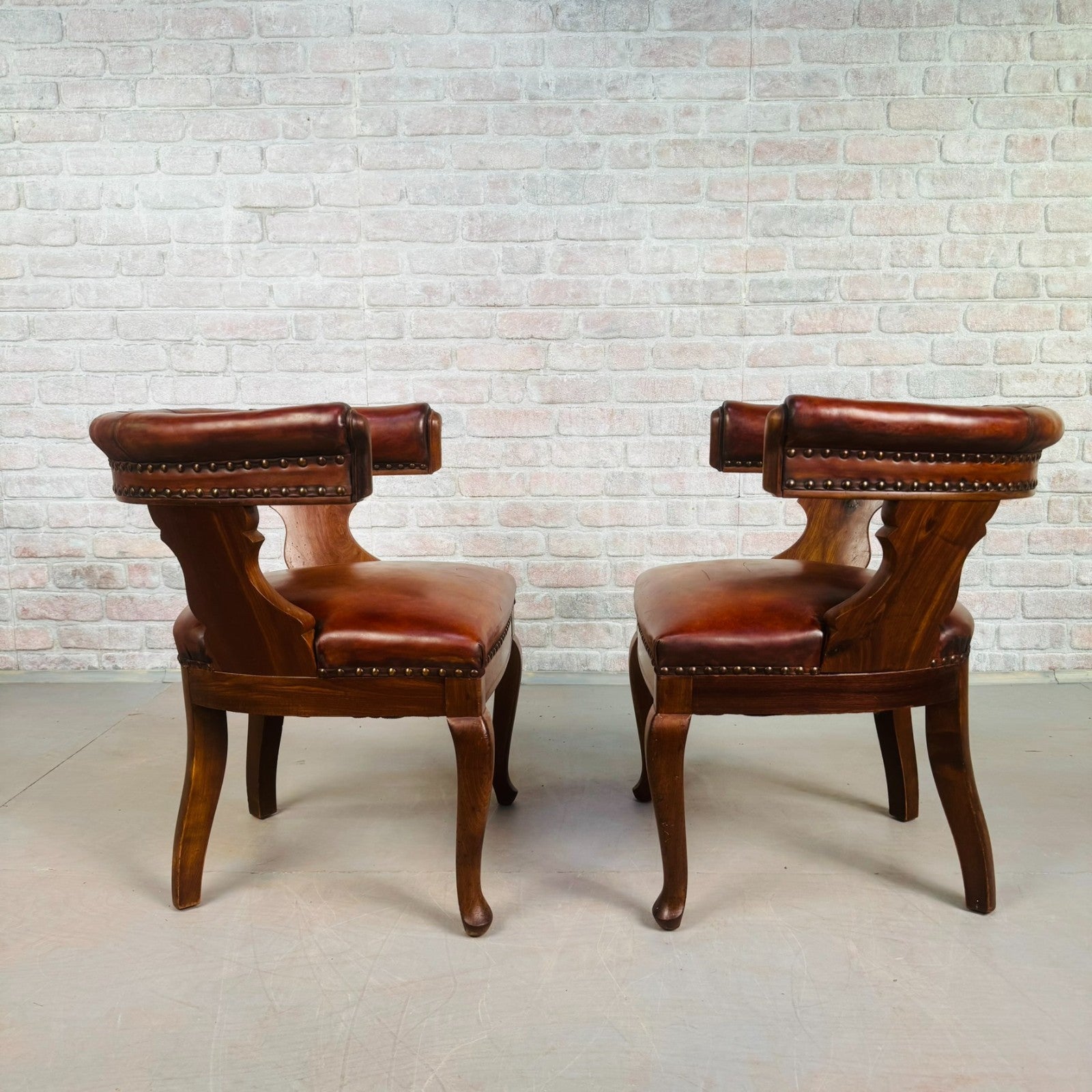 Pair of 40s Antique Danish Tan Leather Partner’s Desk Chairs Walnut Frame