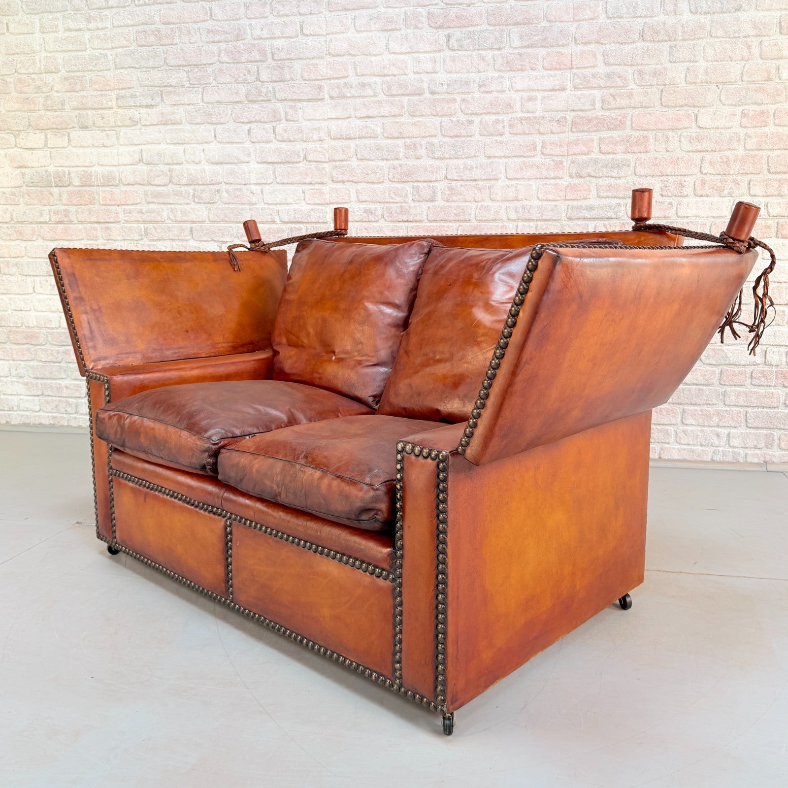 Vintage 1930s Knole Drop End Tan Leather Sofa & Armchairs Suite Antique