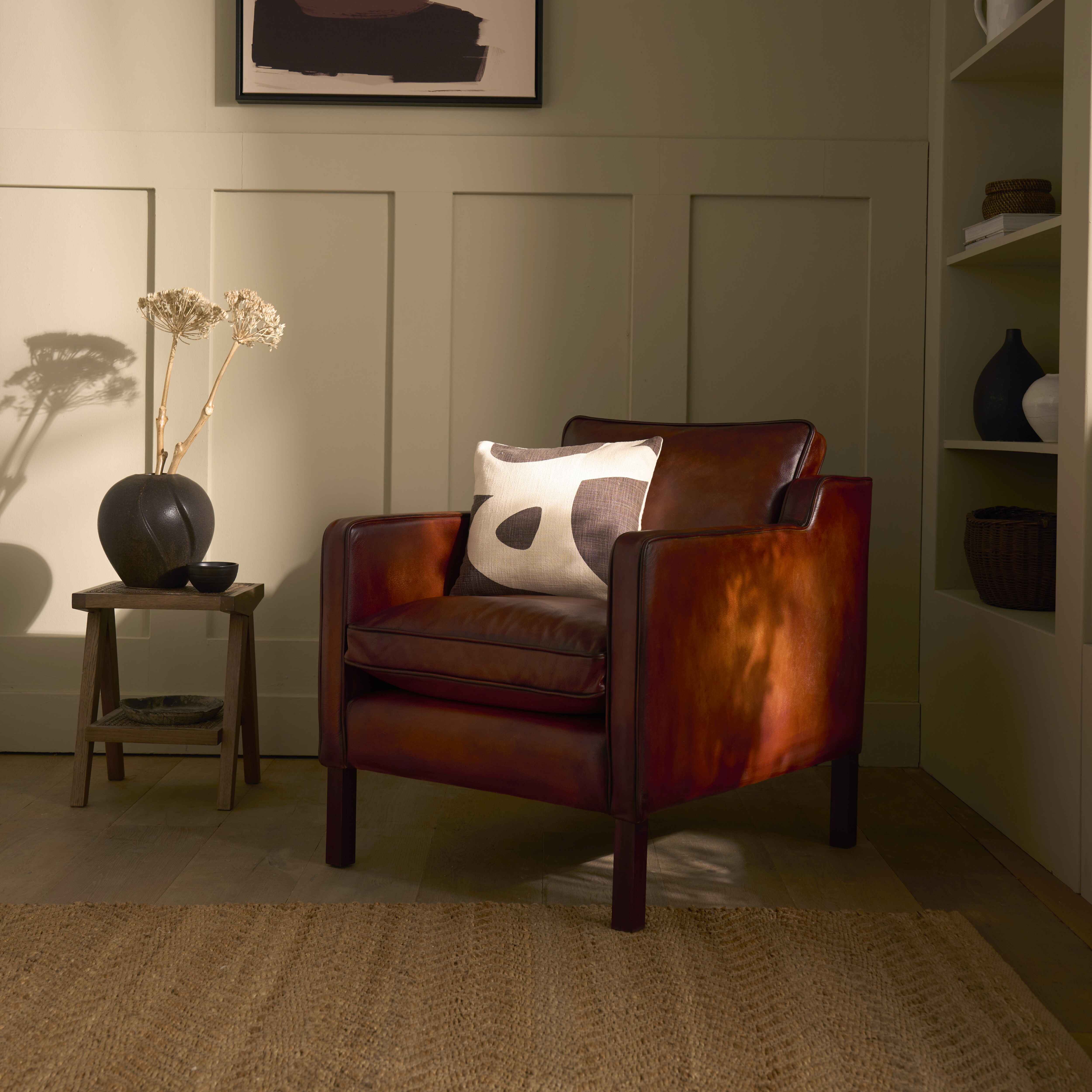 luxury-hand-dyed-mid-century-cigar-brown-leather-armchair-cottage-side