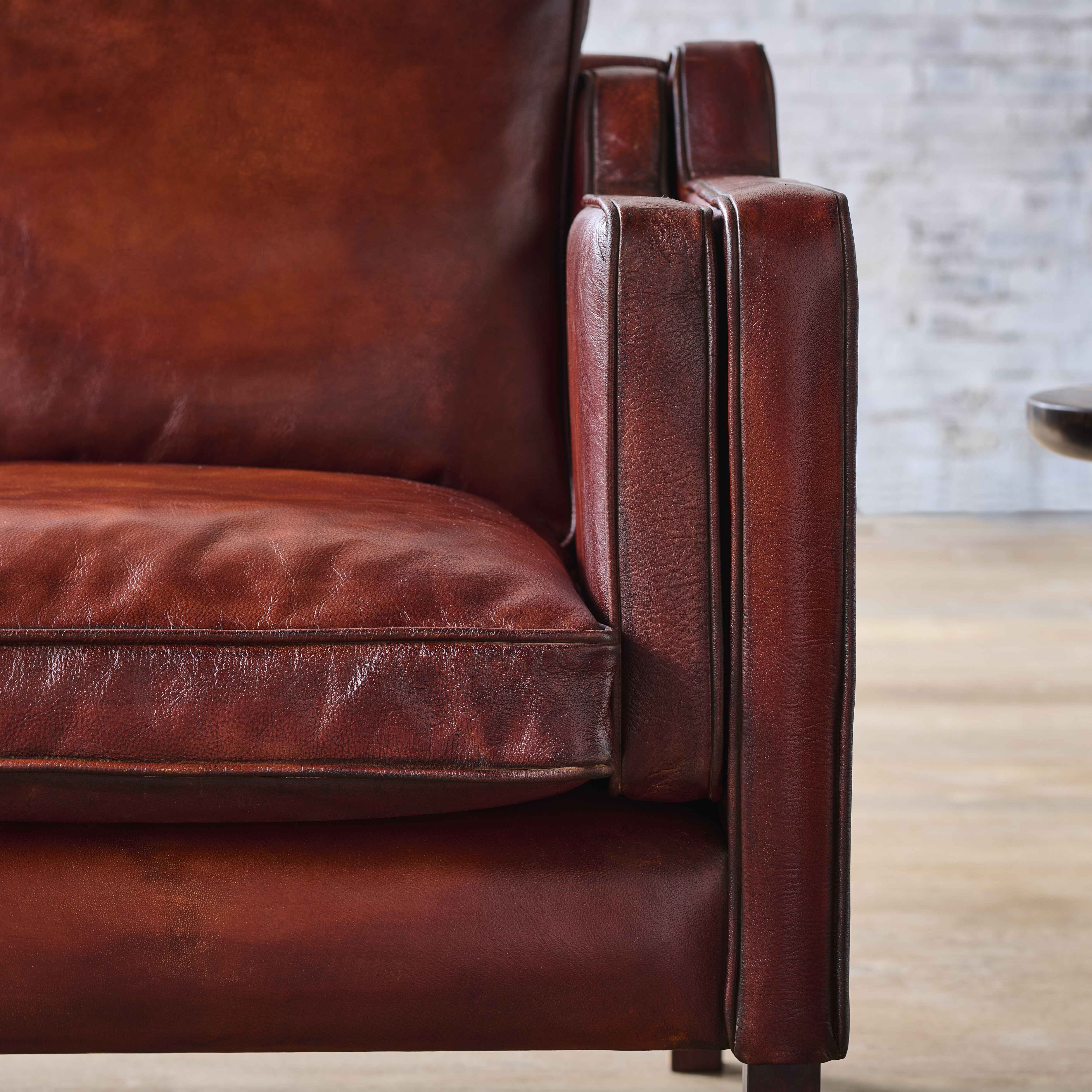 luxury-hand-dyed-mid-century-cigar-brown-leather-two-seater-sofa-industrial-front-close