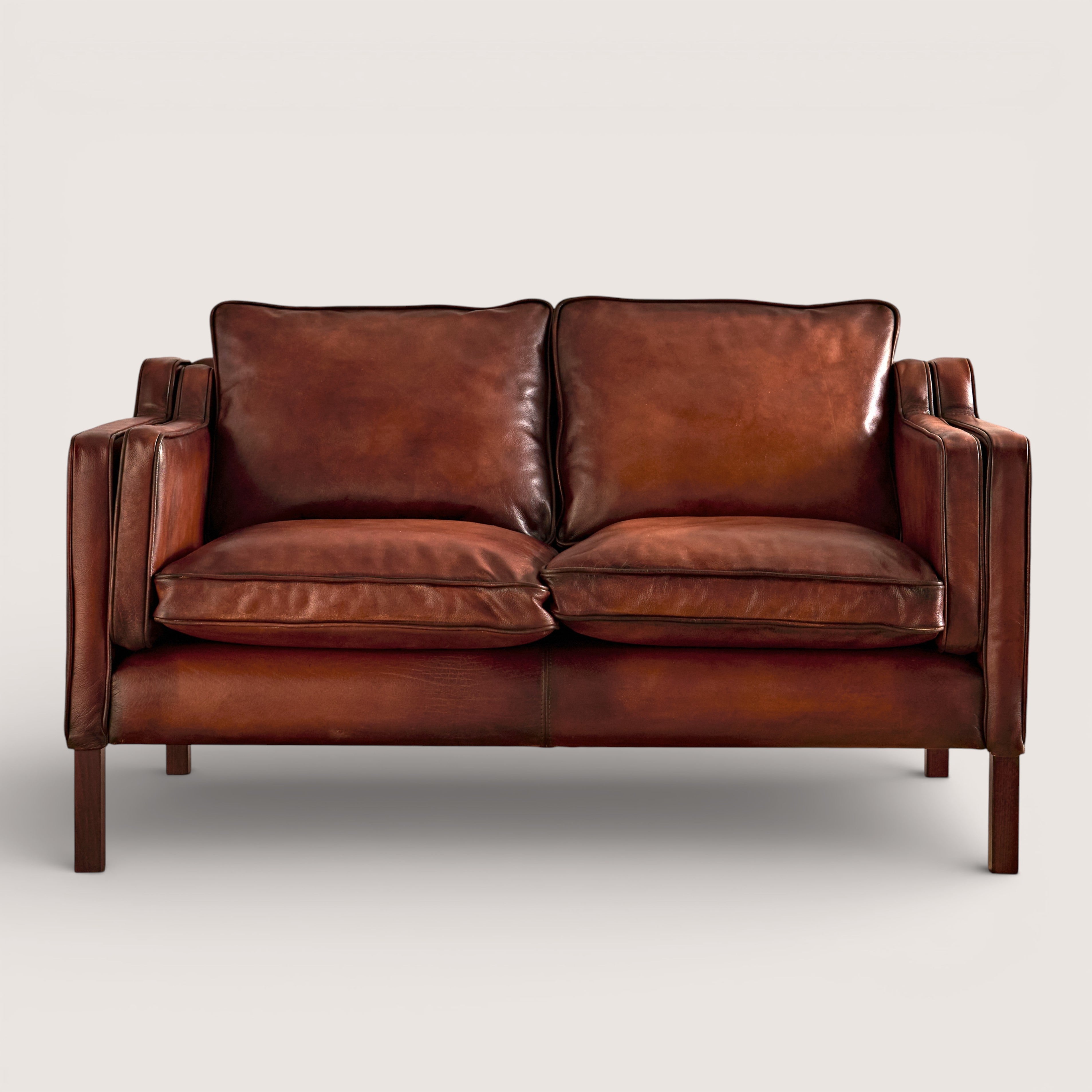 luxury-hand-dyed-mid-century-cigar-brown-leather-two-seater-sofa-white-background-front